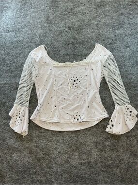 Outline Y2K RAVE UK White Embellished Crochet Sleeve Scoop-Neck Blouse Size S/M